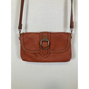 Chaps Crossbody Bag Womens Small Cognac Brown‎ Faux Leather Buckle Detail